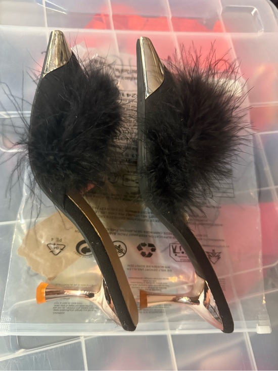 Forever 21 Shoes - Black Feather & gold  Metal-Toe Stiletto Mules